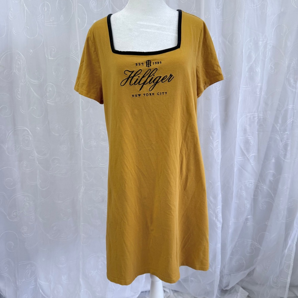 PreppyTommy Hilfiger Mustard Yellow Square Neck Logo T-Shirt Dress Large